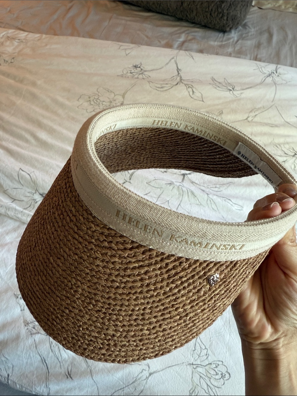 Helen Kaminski Tan Straw Visor with Cream Band